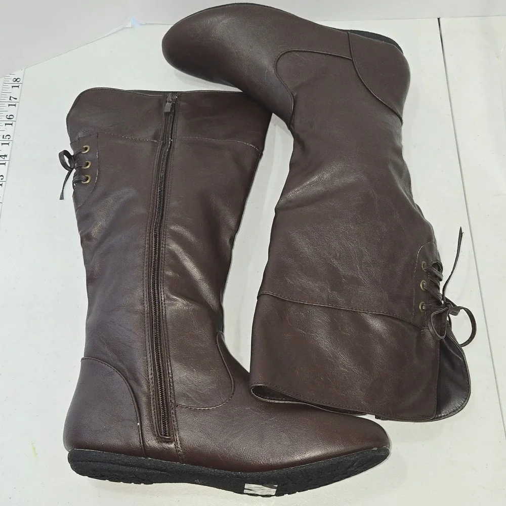 Kalli Womens Size 10 Brown Faux Leather Tall Slouch Boots Lace Up Back Flat Sole